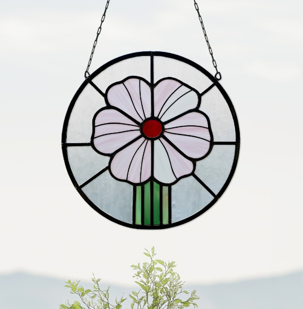 Prairie Peony Round Stained Glass Pattern - Crafting Patterns & Molds from GlassyRock Arts