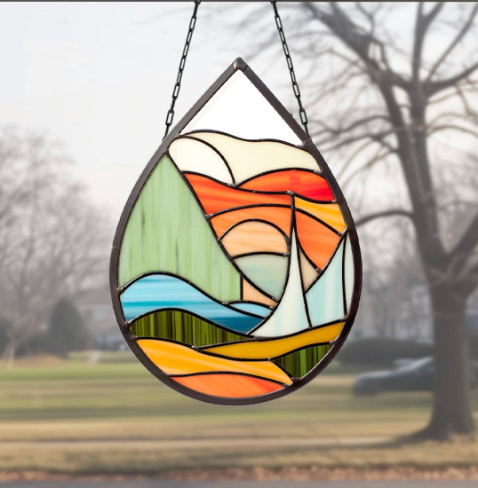 Abstract Landscape Stained Glass Teardrop Pattern - Crafting Patterns & Molds from GlassyRock Arts