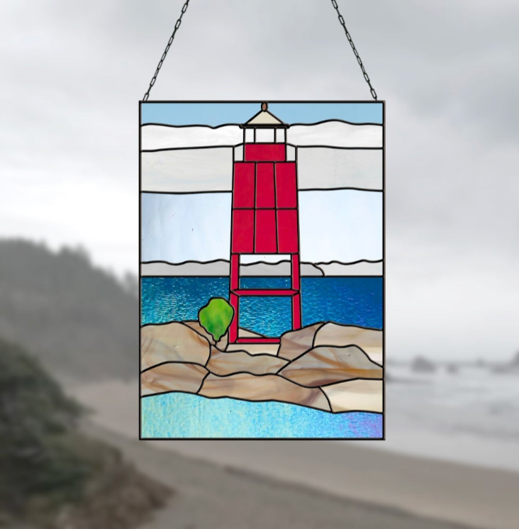 Racine Lighthouse Landscape Stained Glass Pattern - Crafting Patterns & Molds from GlassyRock Arts