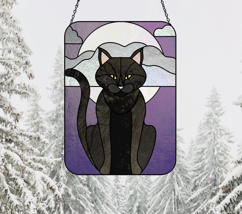 Full Moon Halloween Black Cat Stained Glass Panel Pattern - Crafting Patterns & Molds from GlassyRock Arts