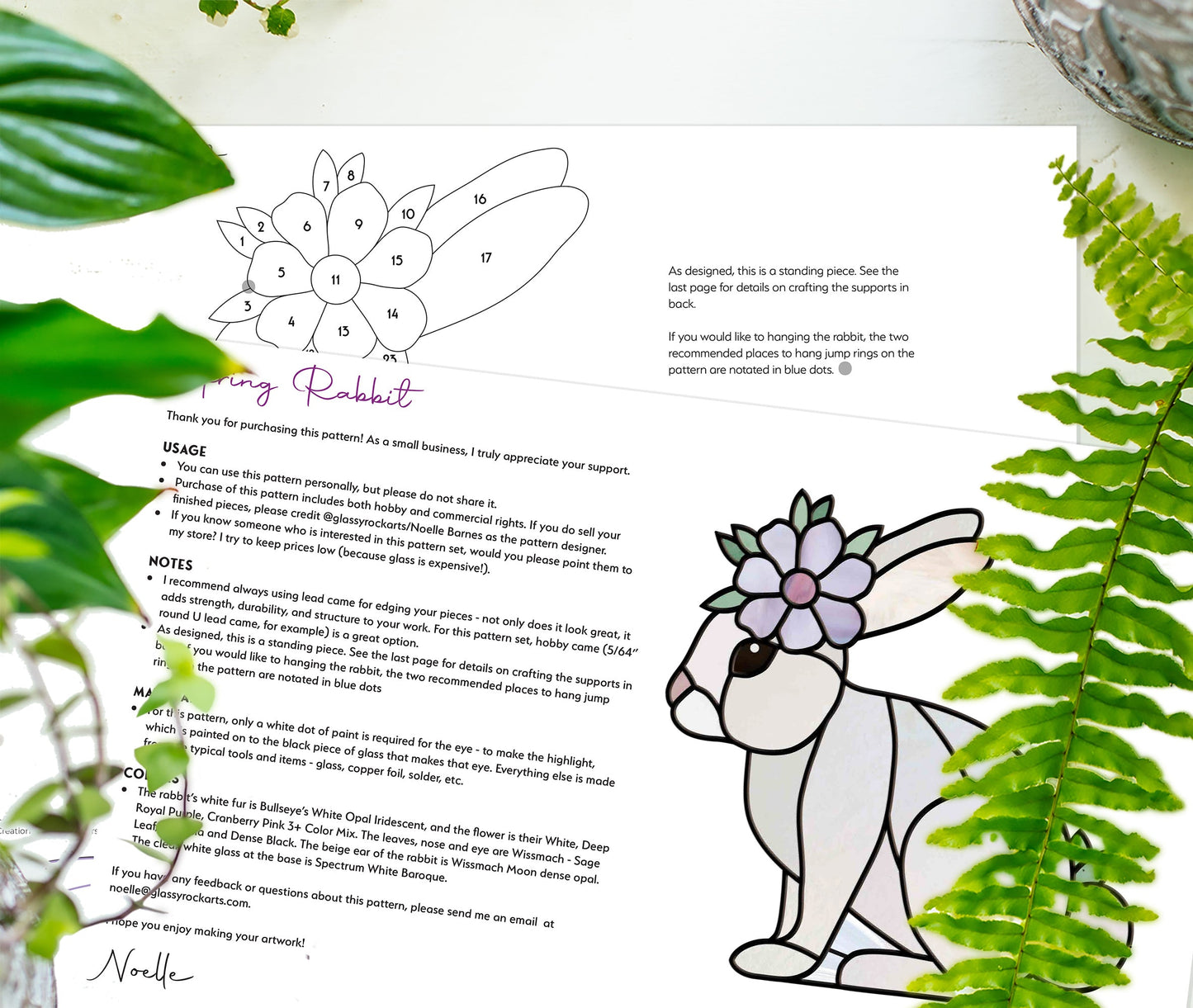 The Spring Rabbit Bunny Stained Glass Rabbit Pattern features a sewing design resembling a stained glass bunny, surrounded by green leaves. It includes numbered assembly sections and a completed colored image with floral head details, making it perfect for a DIY Easter gift!.