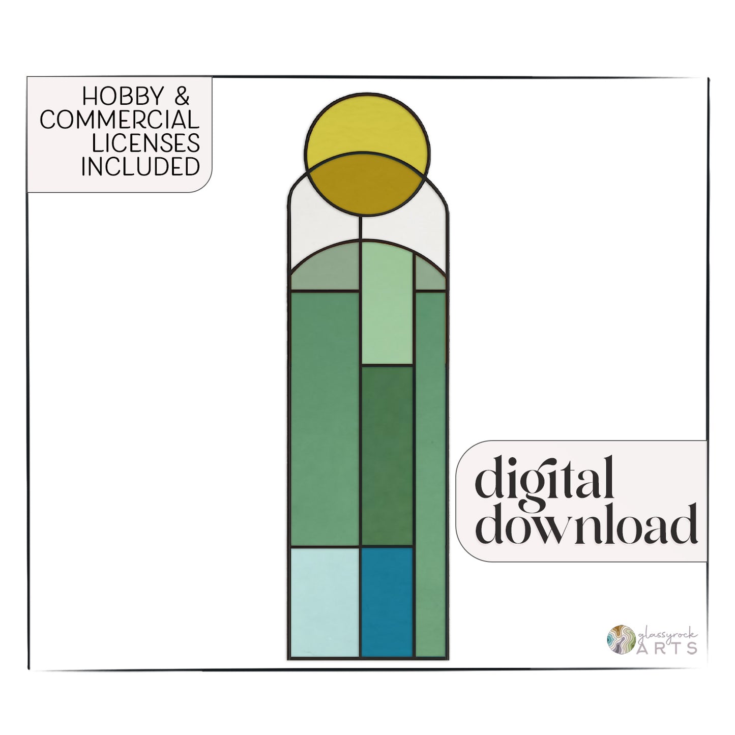 The Abstract Sunset Stained Glass Pattern features a vertical arrangement of green and blue rectangles and squares, reminiscent of a geometric sun catcher. Its topped with a semicircle with a yellow circle, featuring text: Hobby & Commercial Licenses Included and digital download.