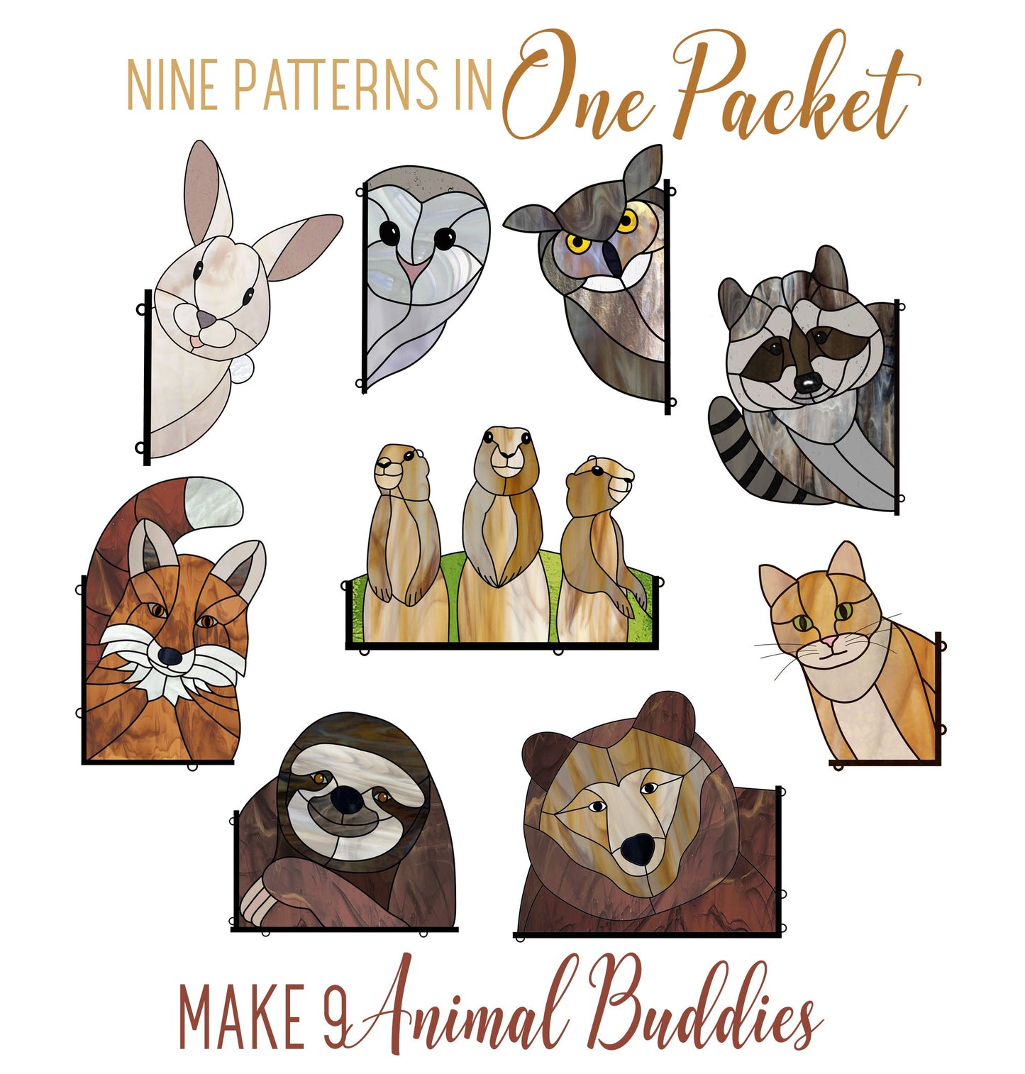 Explore the Animal Stained Glass Pattern 9-Pack, ideal for digital downloads. It includes designs of a rabbit, owl, raccoon, wolf, prairie dogs, fox, bear, cat, and sloth with text Nine Patterns in One Packet and Make 9 Animal Buddies, perfect for those with intermediate skills.