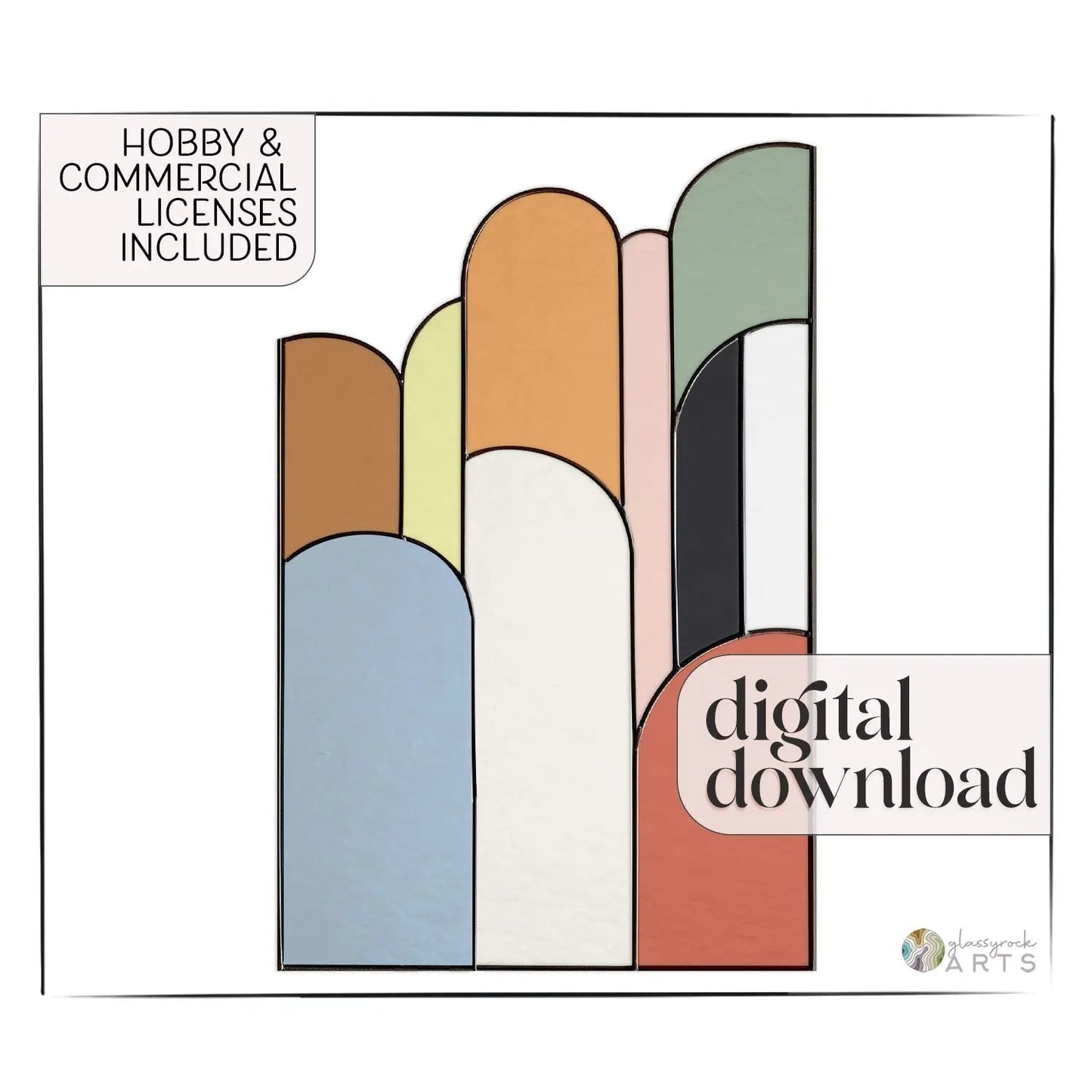 Retro Arches Stained Glass Pattern: An abstract geometric art print with overlapping retro arches in brown, orange, yellow, green, and white. Includes Hobby & Commercial Licenses and Digital Download text in corners.