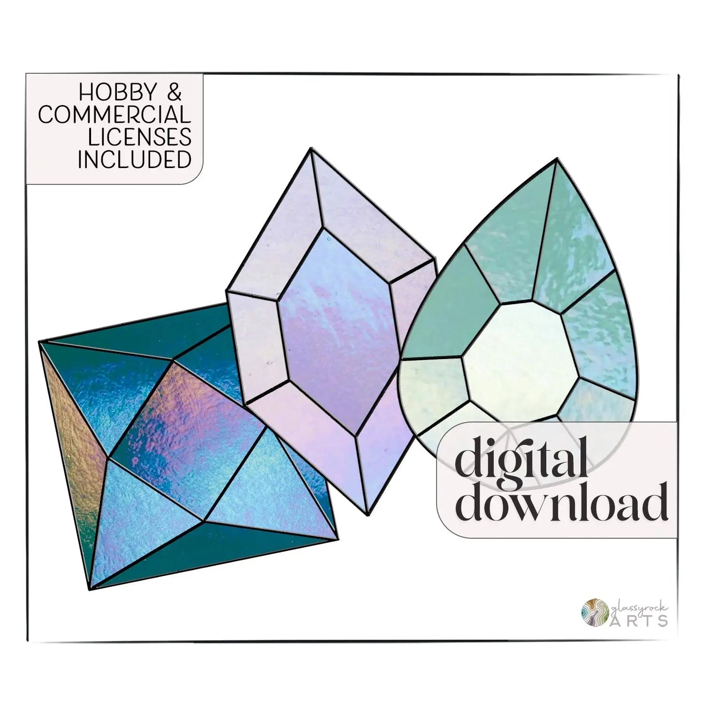Illustration of three geometric gems in teal and purple with stained glass effect, ideal for a DIY suncatcher. Text says Hobby & Commercial Licenses Included and digital download. Perfect for beginner projects, the Gem Stems Beginner Stained Glass Pattern Pack of 3 features on a white background.