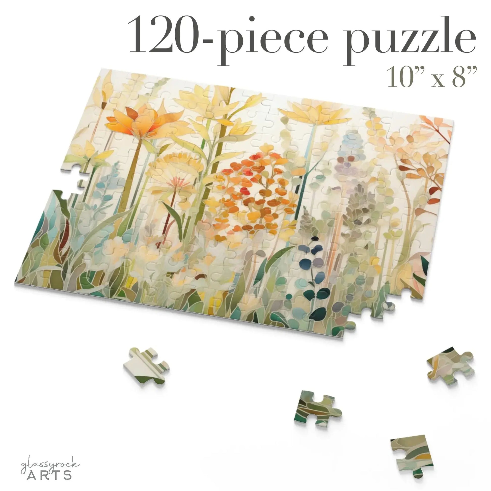 The Autumn Botanicals Jigsaw Puzzle features floral artwork of flowers and leaves. This partially completed puzzle measures 10x8 inches and has 120 pieces, with some scattered pieces resembling stained glass. Text at the top and bottom give details.
