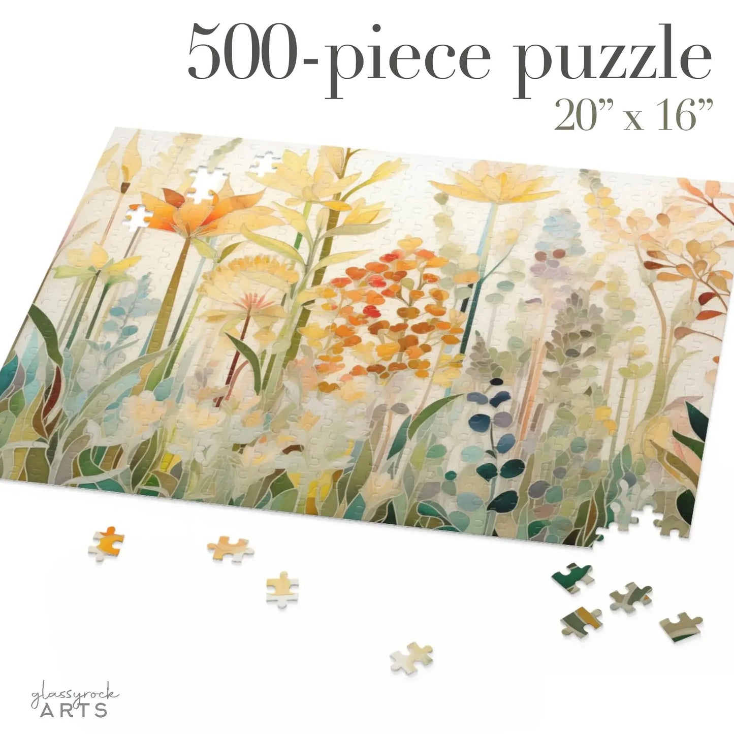 The Autumn Botanicals Jigsaw Puzzle features a 500-piece floral design with vibrant flowers and greenery, measuring 20 x 16. Scattered pieces surround the main section. 500-piece puzzle 20” x 16” and glassrock ARTS appear at the bottom left. Perfect as an art-themed gift.