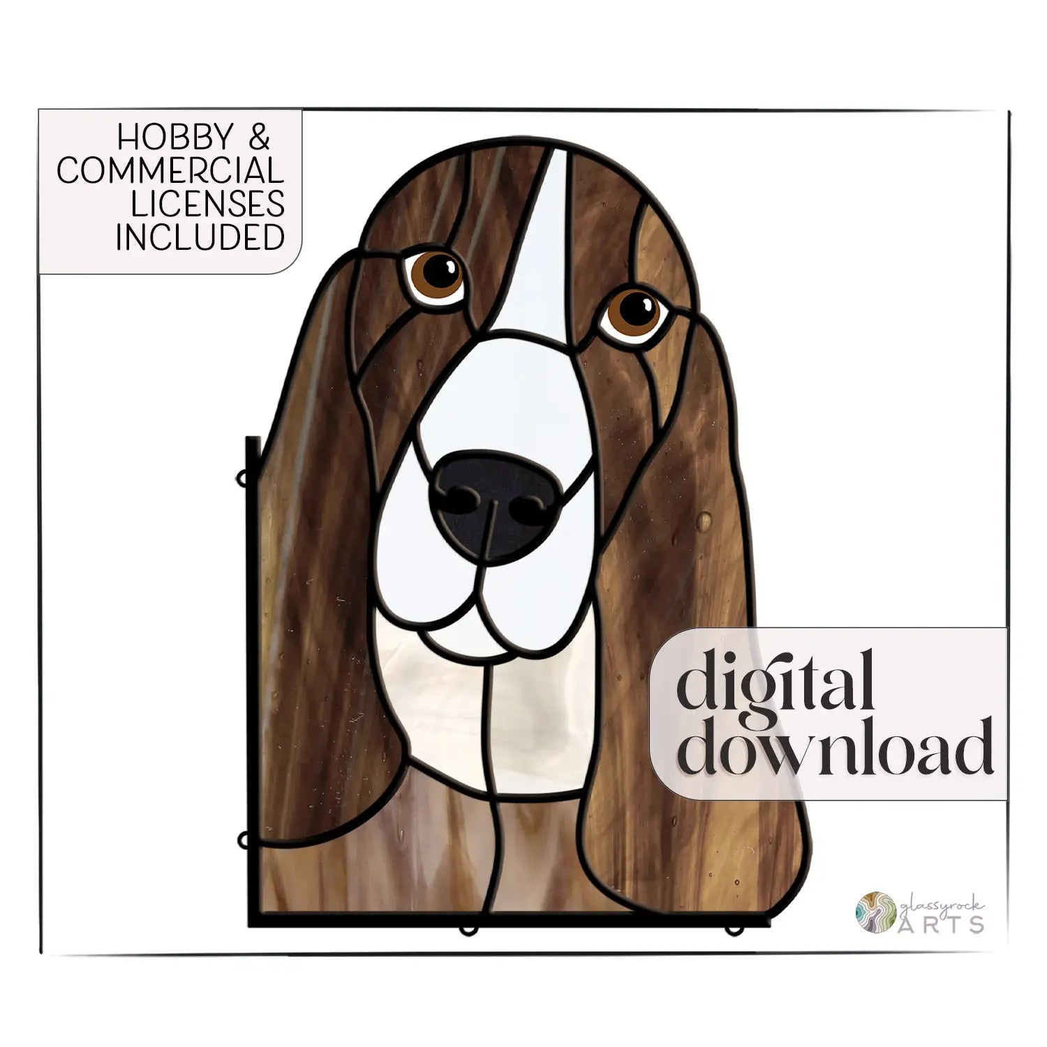 The Basset Hound Dog Stained Glass Pattern features a stained glass illustration with brown and white fur. Text reads, Hobby & Commercial Licenses Included and digital download, making it the perfect gift for enthusiasts.