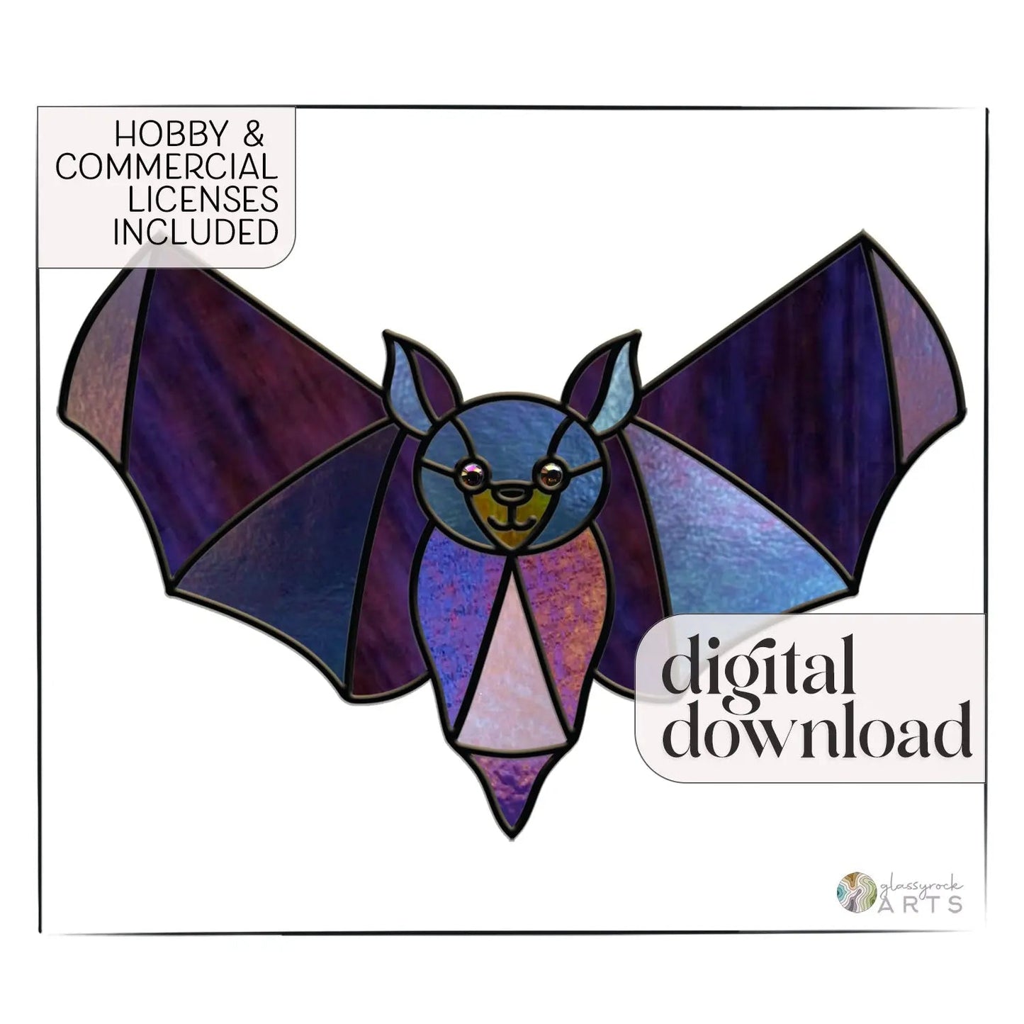 The Halloween Bat Stained Glass Pattern, featuring purple and blue hues, is perfect for a Halloween suncatcher. It includes both hobby and commercial licenses with the digital pattern download.