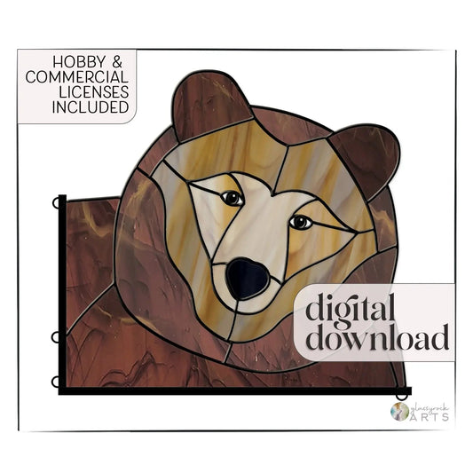 The Big Bear Buddy Stained Glass Pattern features a stunning bear face in rich browns with Hobby & commercial licenses included and digital pattern download, making it perfect for those seeking quality glass art materials.