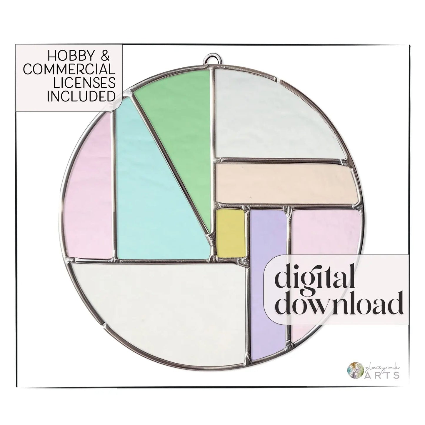 The Round Beginner Stained Glass Pattern features a stunning geometric design in pastel pink, green, blue, lavender, and cream. The text reads Hobby & Commercial Licenses Included and digital pattern download.