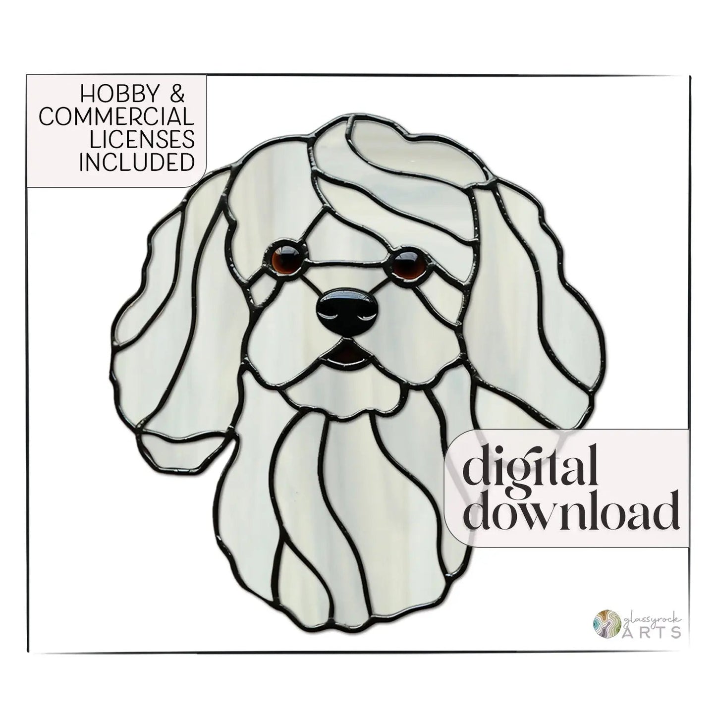 Bichon Frise Dog Stained Glass Pattern featuring the breeds white, wavy fur and black eyes and nose. Includes text: Hobby & Commercial Licenses Included and available as a digital download.