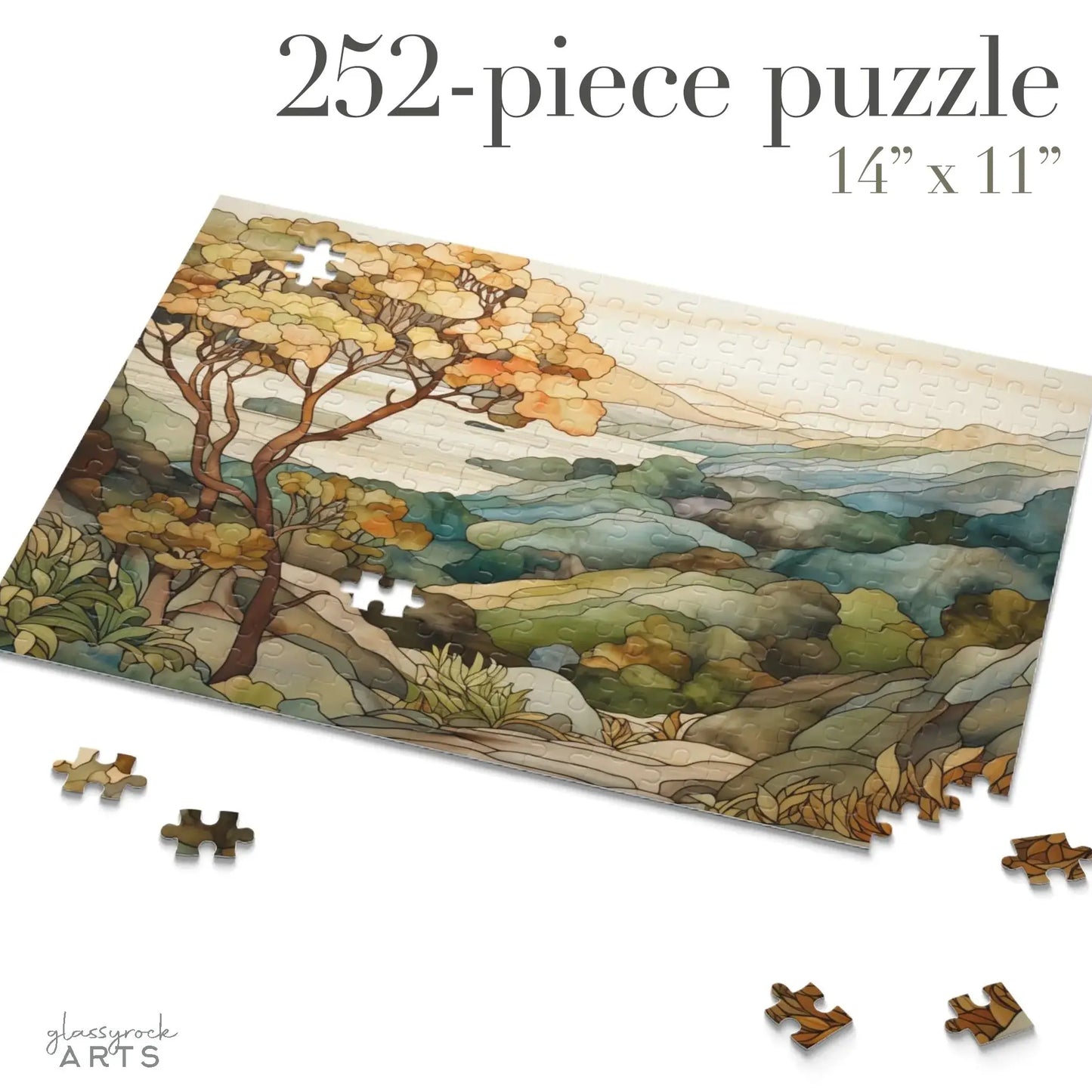 A partially completed 252-piece Big Sur California Coast Jigsaw Puzzle captures a peaceful scene of trees and hills. It measures 14 x 11 and offers a soothing escape, with scattered pieces around the main section ready to complete the picturesque view.
