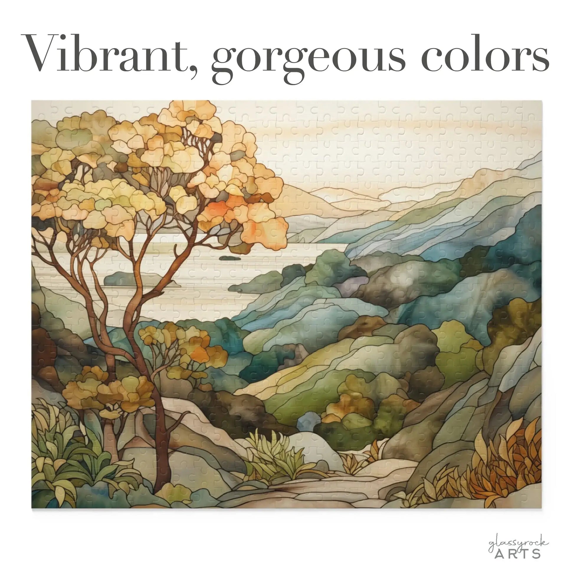 The Big Sur California Coast Jigsaw Puzzle depicts a scenic landscape with rolling hills, trees, and a distant river in vibrant shades of green, blue, and orange under the caption Vibrant, gorgeous colors. Its perfect as a gift for California coast lovers.