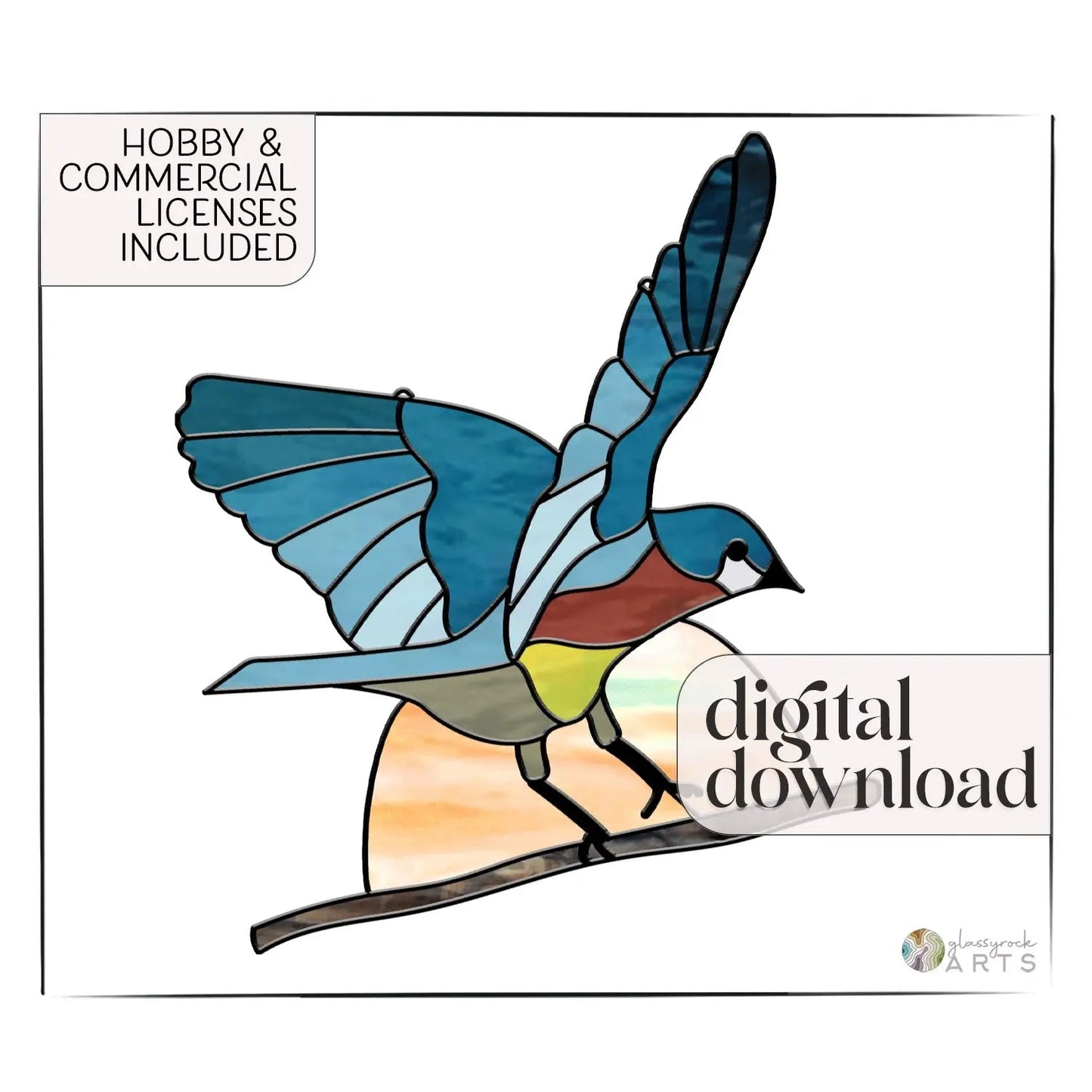 The Bird Stained Glass Pattern is a digital download featuring a stained glass-style illustration of a colorful bird in flight, with blue, orange, and red hues, plus a copper overlay. Includes text: Hobby & commercial licenses included.