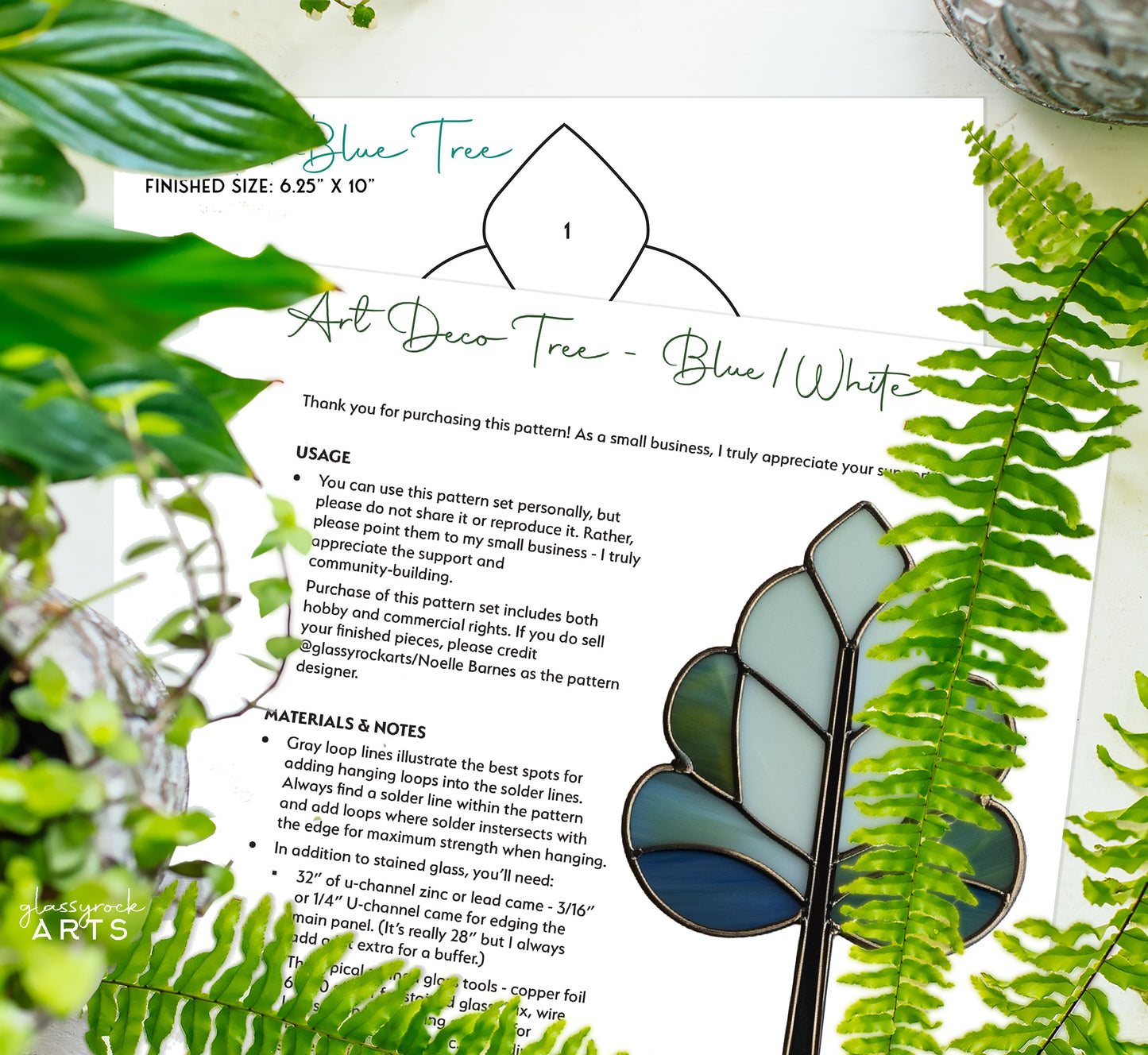 Art Deco Trees Stained Glass Pattern - Blue & White - Crafting Patterns & Molds from GlassyRock Arts