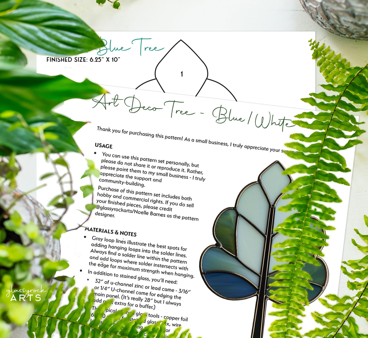 Art Deco Trees Stained Glass Pattern - Blue & White