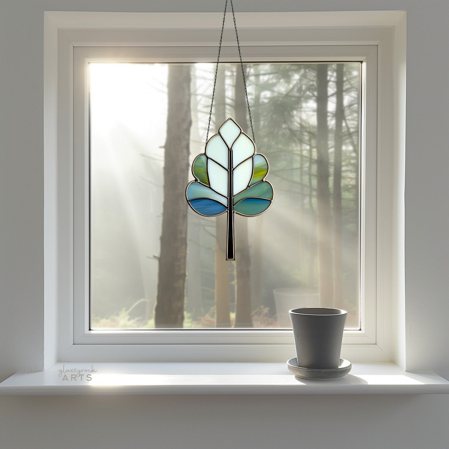 Art Deco Trees Stained Glass Pattern - Blue & White