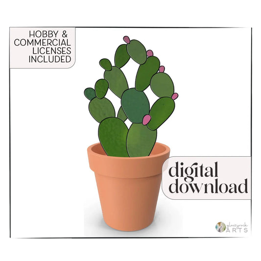 The Cactus Plant Stem Stained Glass Pattern features an illustration of a cactus with green, oval pads and small pink buds in a terracotta pot. Text includes Hobby & Commercial Licenses Included at the top and digital download at the bottom right.