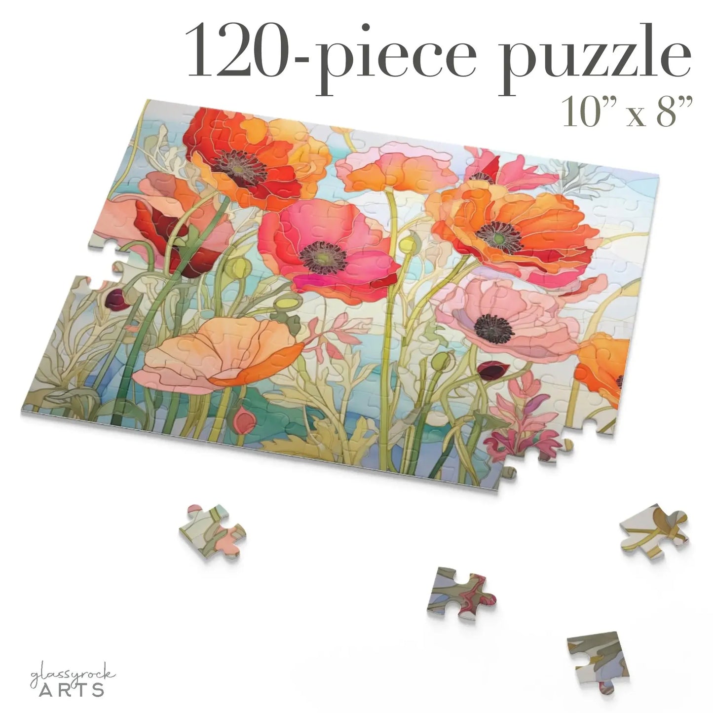 The California Poppies Jigsaw Puzzle, featuring an incomplete 120-piece stained glass design of red, orange, and pink poppies with green stems, measures 10 x 8 inches. Loose pieces are scattered around this vibrant piece, making it a perfect art gift for enthusiasts.