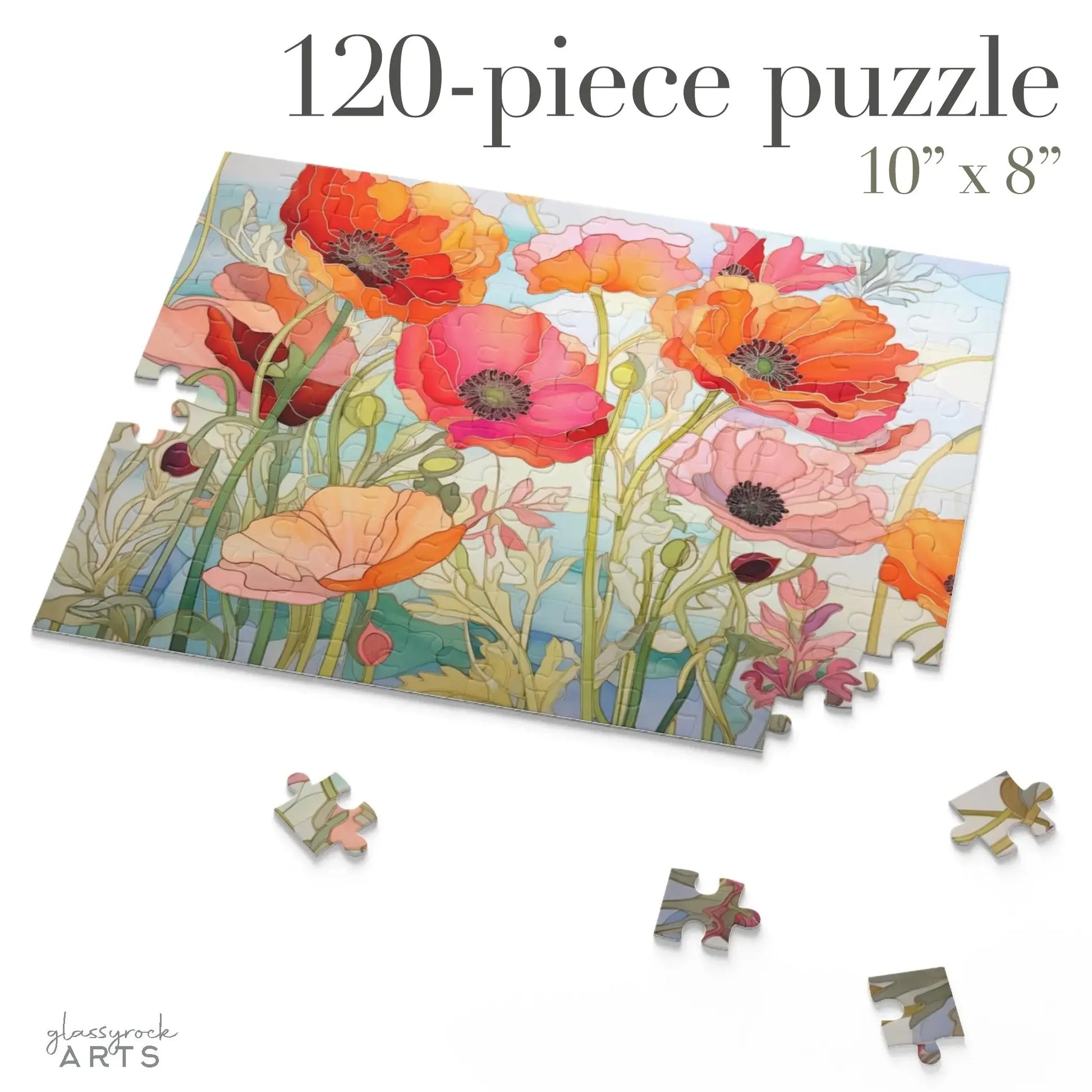 The California Poppies Jigsaw Puzzle, featuring an incomplete 120-piece stained glass design of red, orange, and pink poppies with green stems, measures 10 x 8 inches. Loose pieces are scattered around this vibrant piece, making it a perfect art gift for enthusiasts.