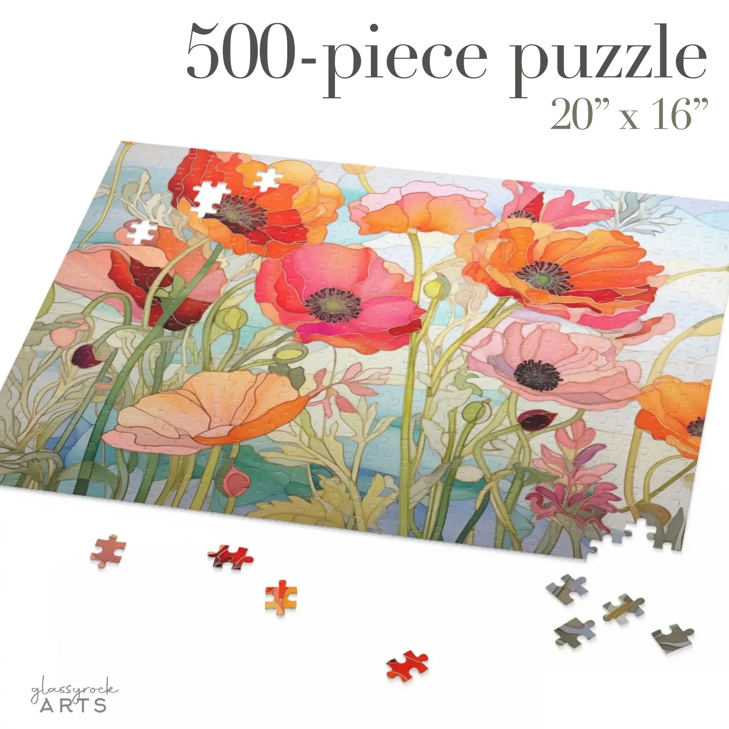 A partially completed California Poppies Jigsaw Puzzle, measuring 20 x 16, shows vibrant red and orange blooms with green stems in a stained glass-inspired design. Several pieces are scattered around, and Glassrock Arts is noted in the bottom left corner.