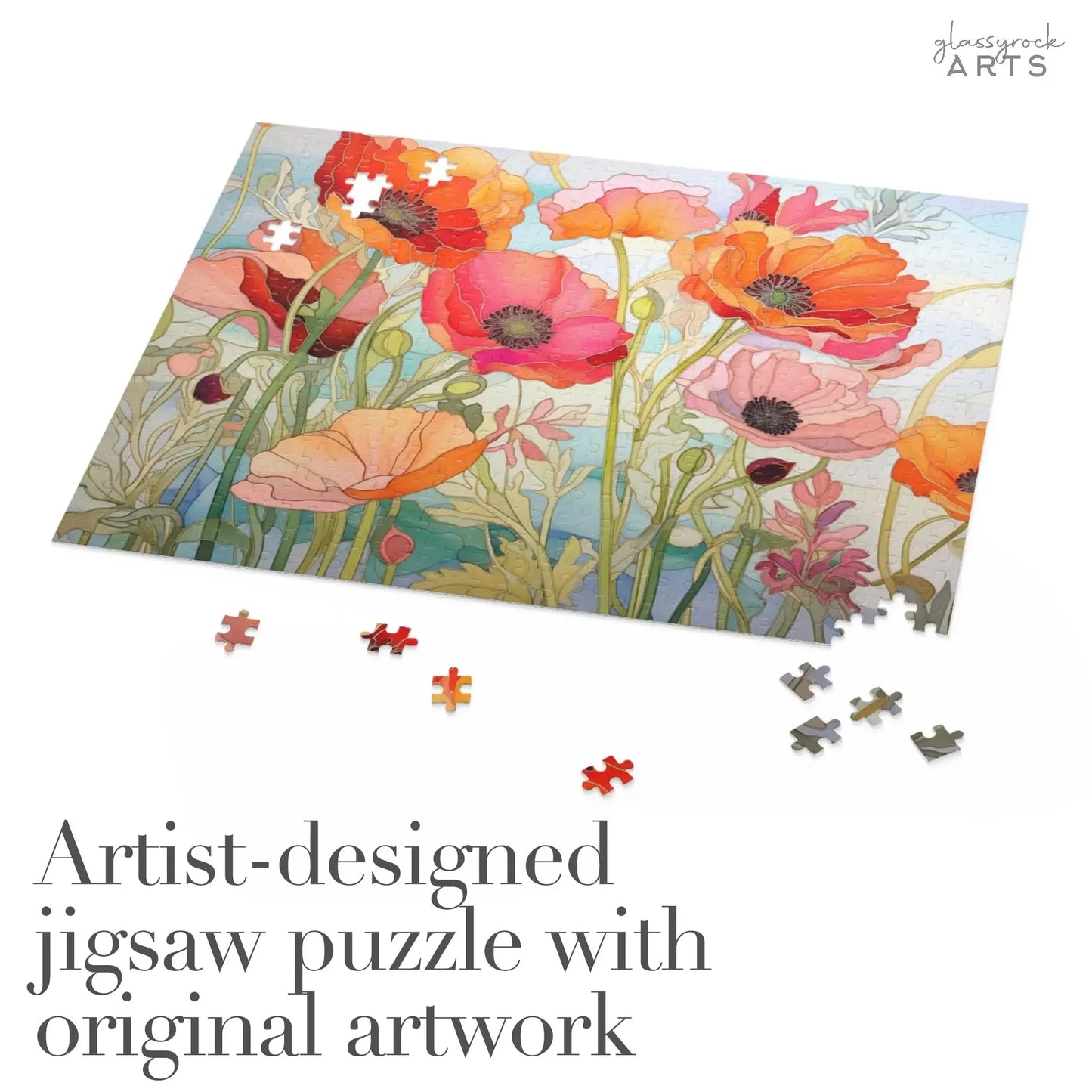 The California Poppies Jigsaw Puzzle features vibrant, stained glass-inspired flowers and scattered pieces suggesting a challenge. The phrase Artist-designed jigsaw puzzle with original artwork appears at the bottom left, making it an ideal art gift.