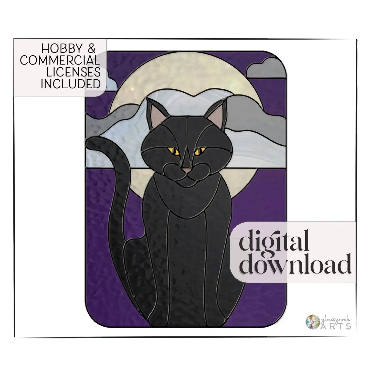 Full Moon Halloween Black Cat Stained Glass Panel Pattern