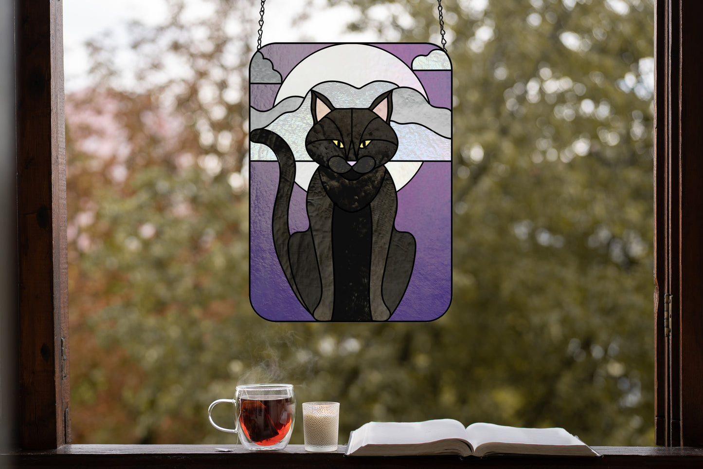 Full Moon Halloween Black Cat Stained Glass Panel Pattern