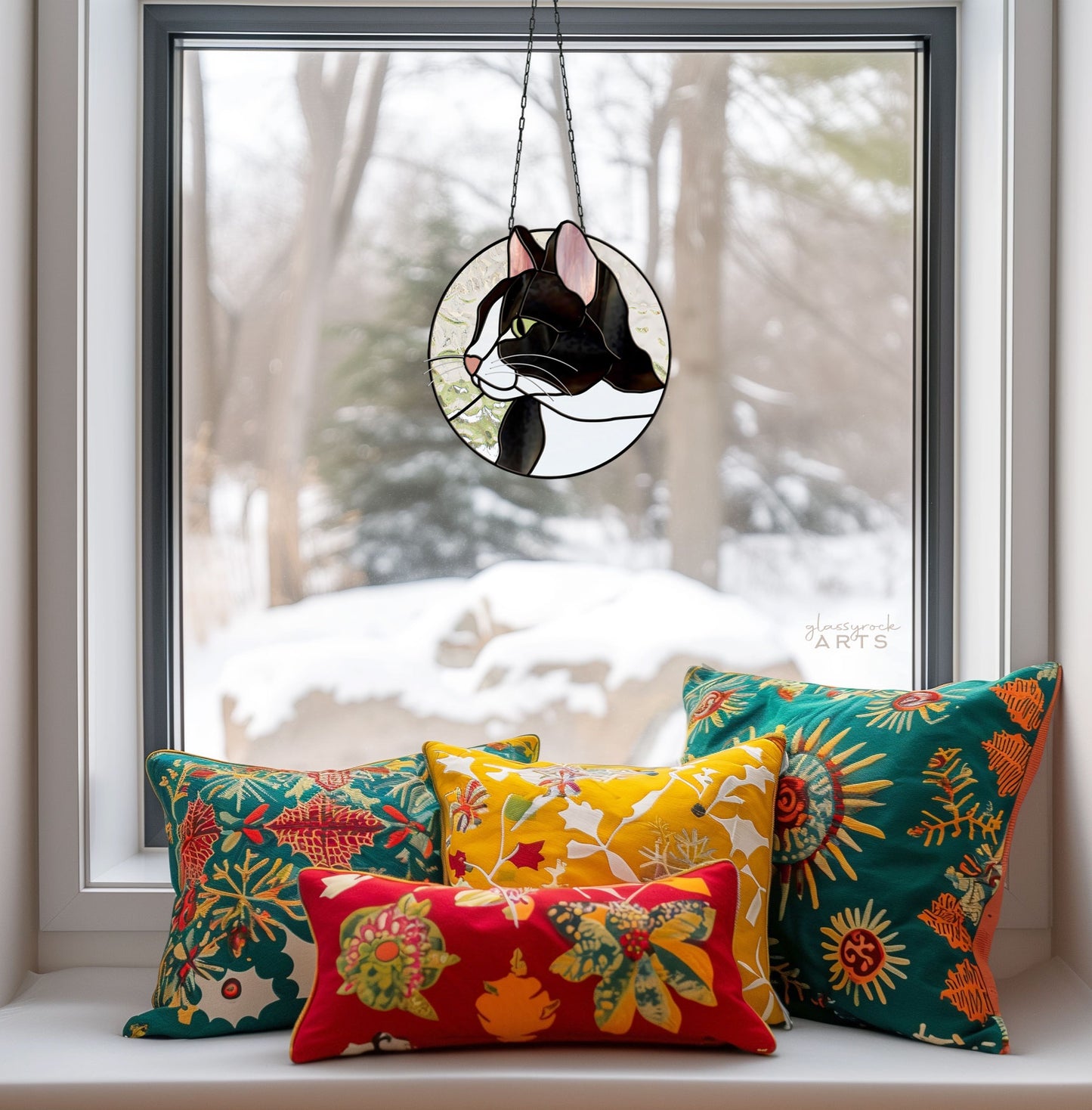 Cat Suncatcher Stained Glass Pattern - Crafting Patterns & Molds, from GlassyRock Arts