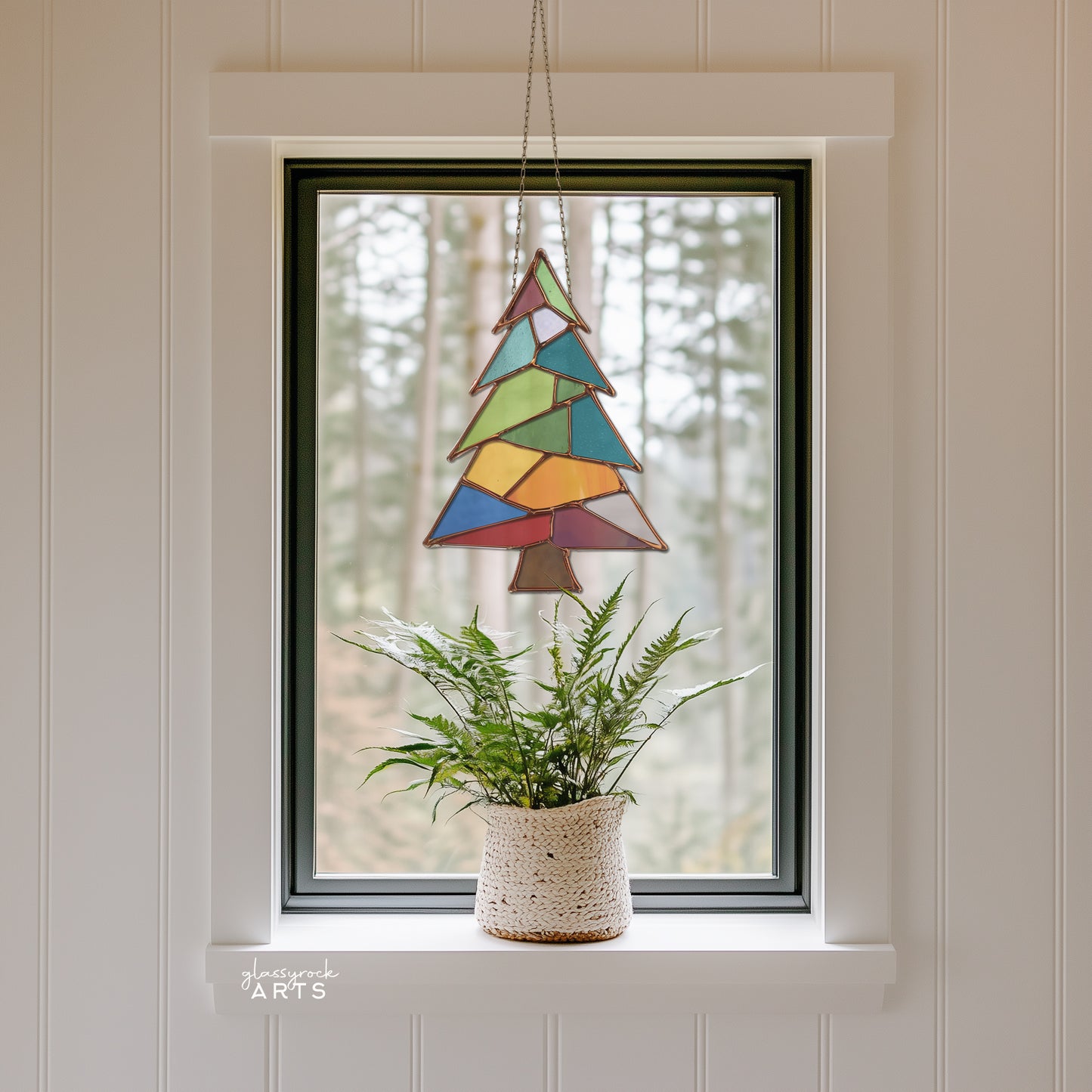 Patchwork Christmas Tree Stained Glass Pattern and PNG