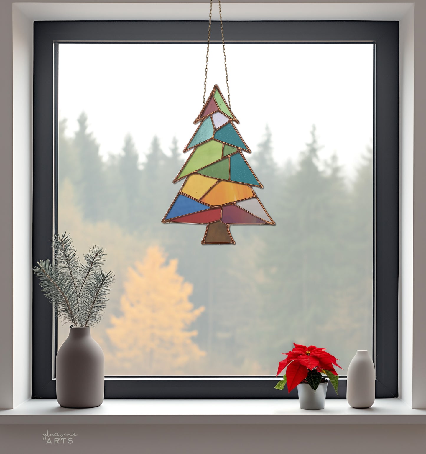 Patchwork Christmas Tree Stained Glass Pattern and PNG