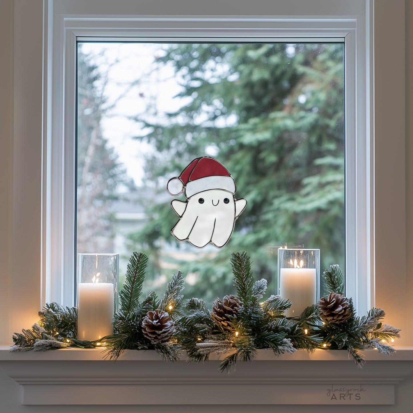 Cute Christmas Ghost Stained Glass Pattern and PNG - Crafting Patterns & Molds, from GlassyRock Arts
