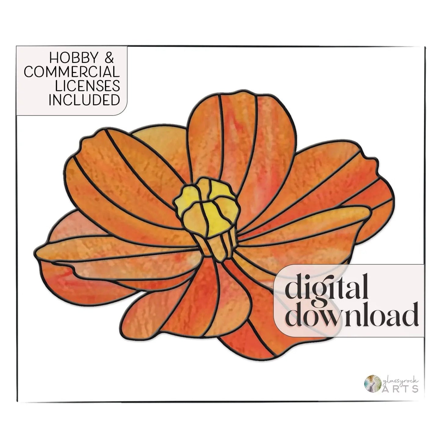 An intricate illustration of an orange flower featuring detailed petals and a yellow center, similar to the Big Flora Giant Stained Glass Cosmos Pattern. It is set on a white background with text saying Hobby & Commercial Licenses Included and digital download.