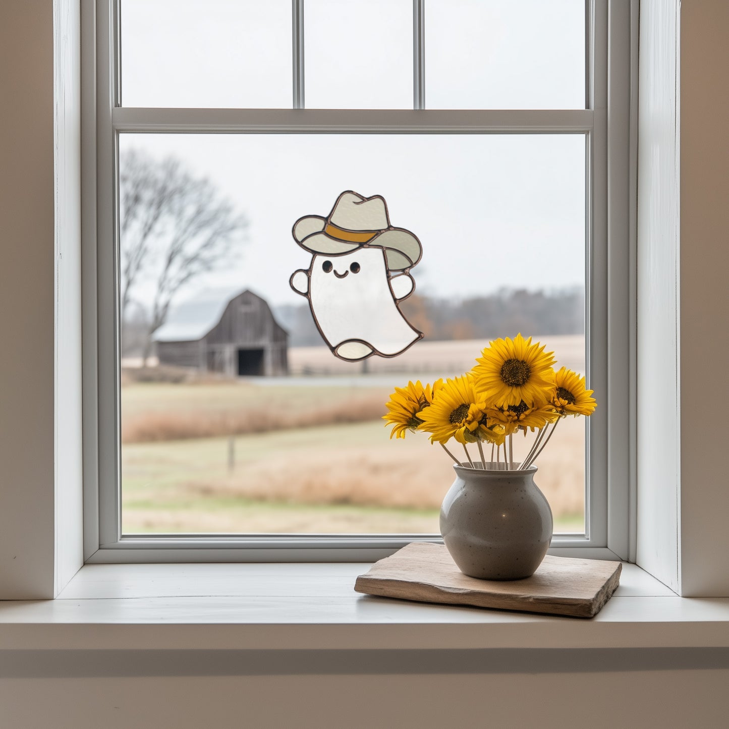 Cute Cowboy Ghost Stained Glass Pattern and PNG