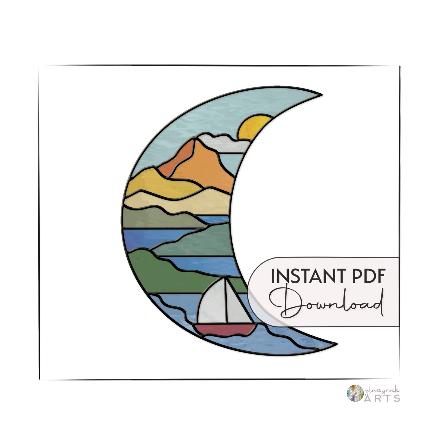 Boho Seascape Stained Glass Crescent Moon Pattern