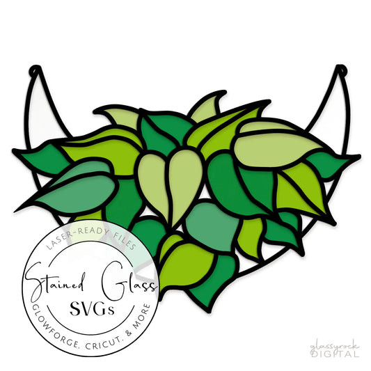 The Stained Glass Philodendron Crescent Moon SVG Files showcases a bra-shaped pattern with lush green leaves and a crescent moon design. It includes text reading Stained Glass SVGs and Laser-Ready Files for Glowforge, Cricut, & More, with the glassrock DIGITAL logo.