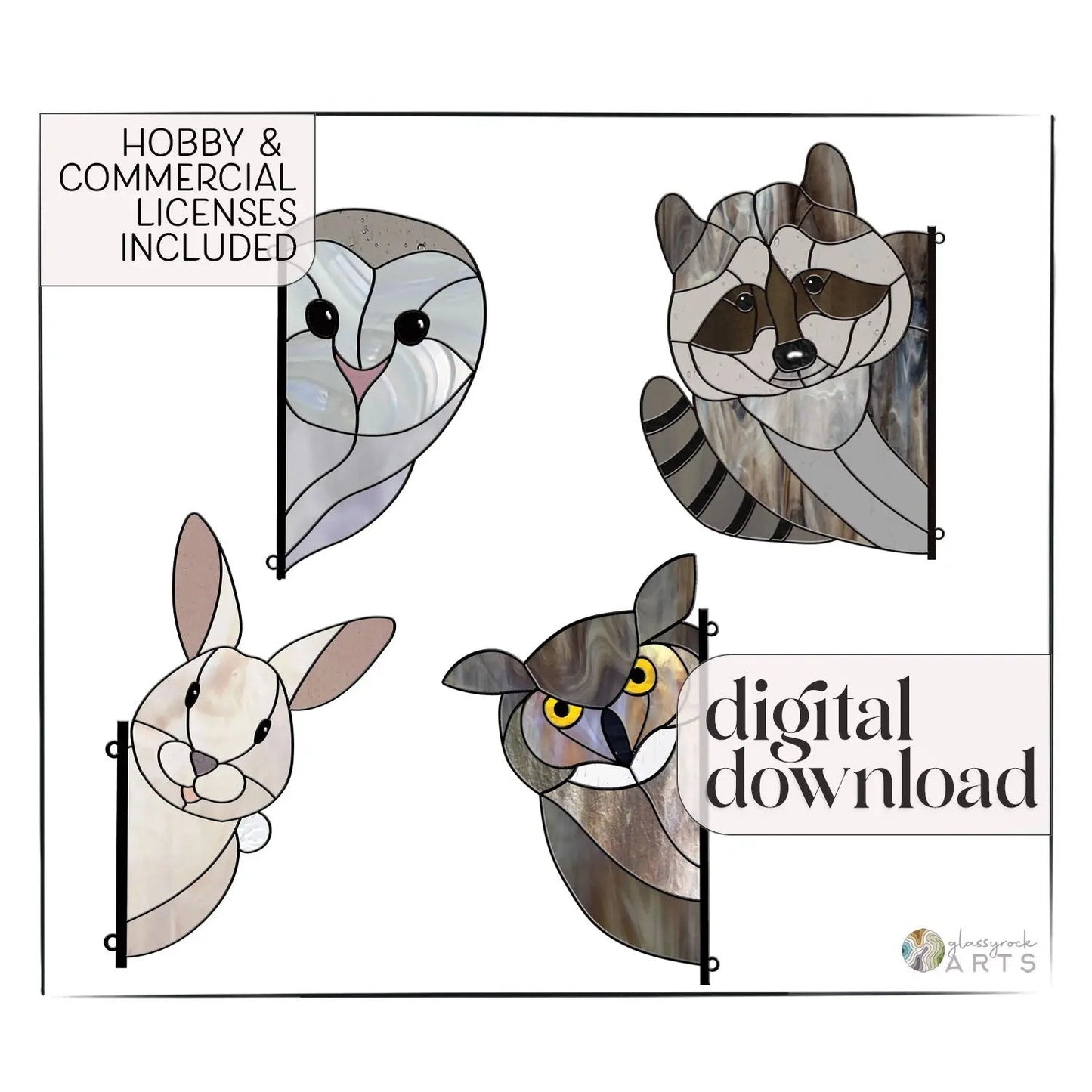 Owls, Raccoon, Bunny - Animal Stained Glass Patterns include a barn owl, raccoon, rabbit, and owl. Featuring Hobby & Commercial Licenses Included and intermediate skill level digital download, adorned with decorative elements.