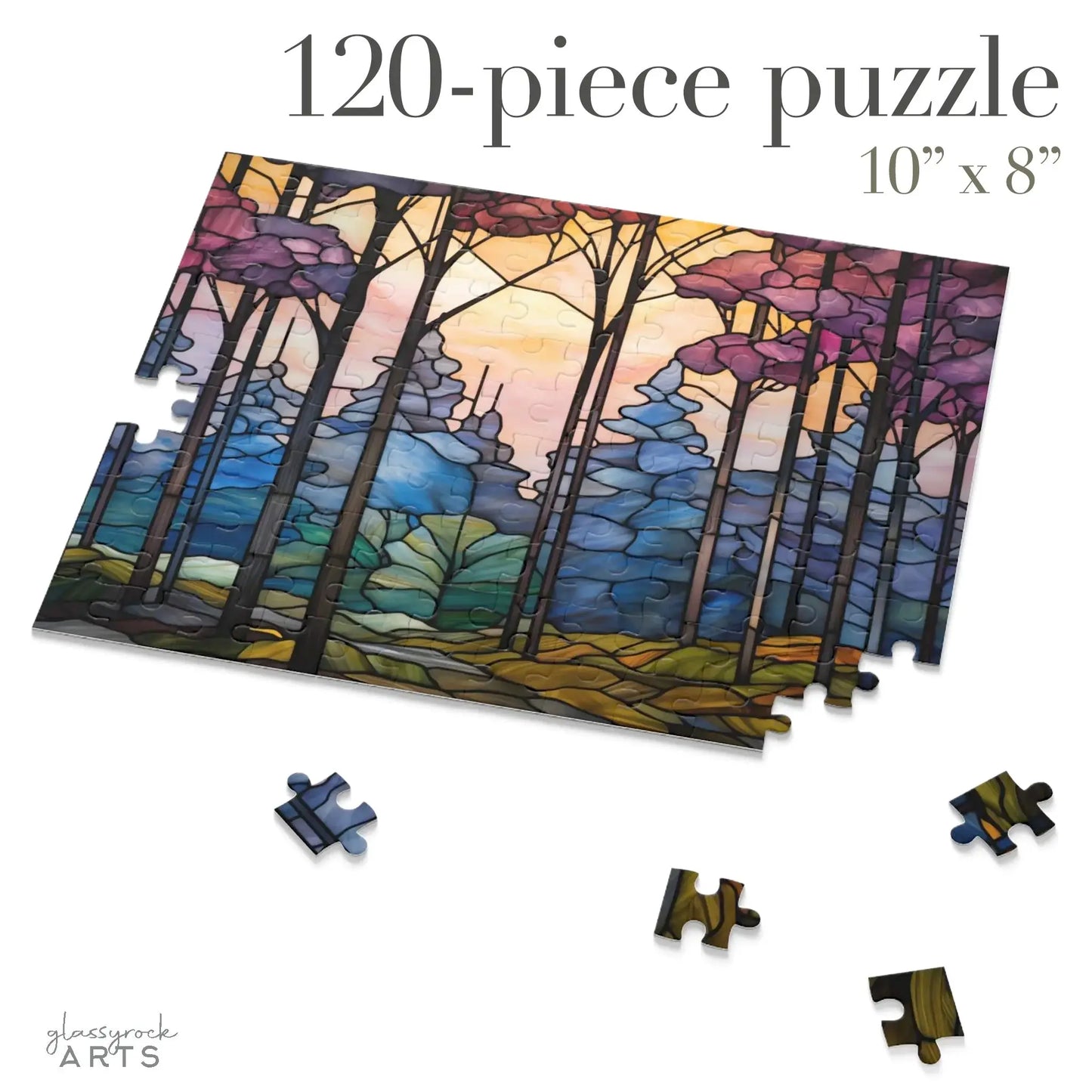 A partially completed Dark Woods Forest Jigsaw Puzzle, measuring 10 x 8, displays a colorful scene with tall trees. Scattered pieces show vibrant blues, purples, and greens against a pastel sky. Text reads 120-piece puzzle. Ideal as an art gift.