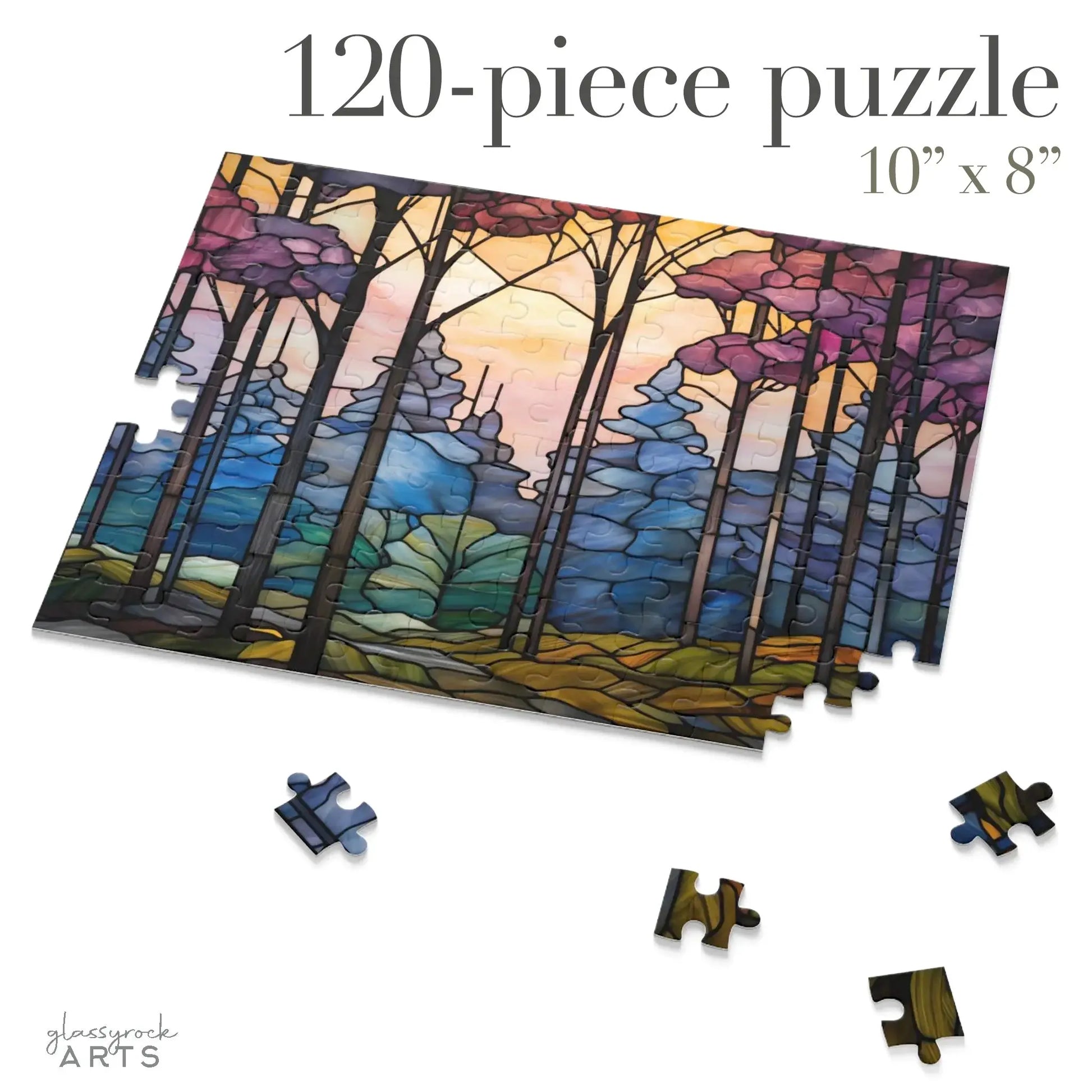 A partially completed Dark Woods Forest Jigsaw Puzzle, measuring 10 x 8, displays a colorful scene with tall trees. Scattered pieces show vibrant blues, purples, and greens against a pastel sky. Text reads 120-piece puzzle. Ideal as an art gift.