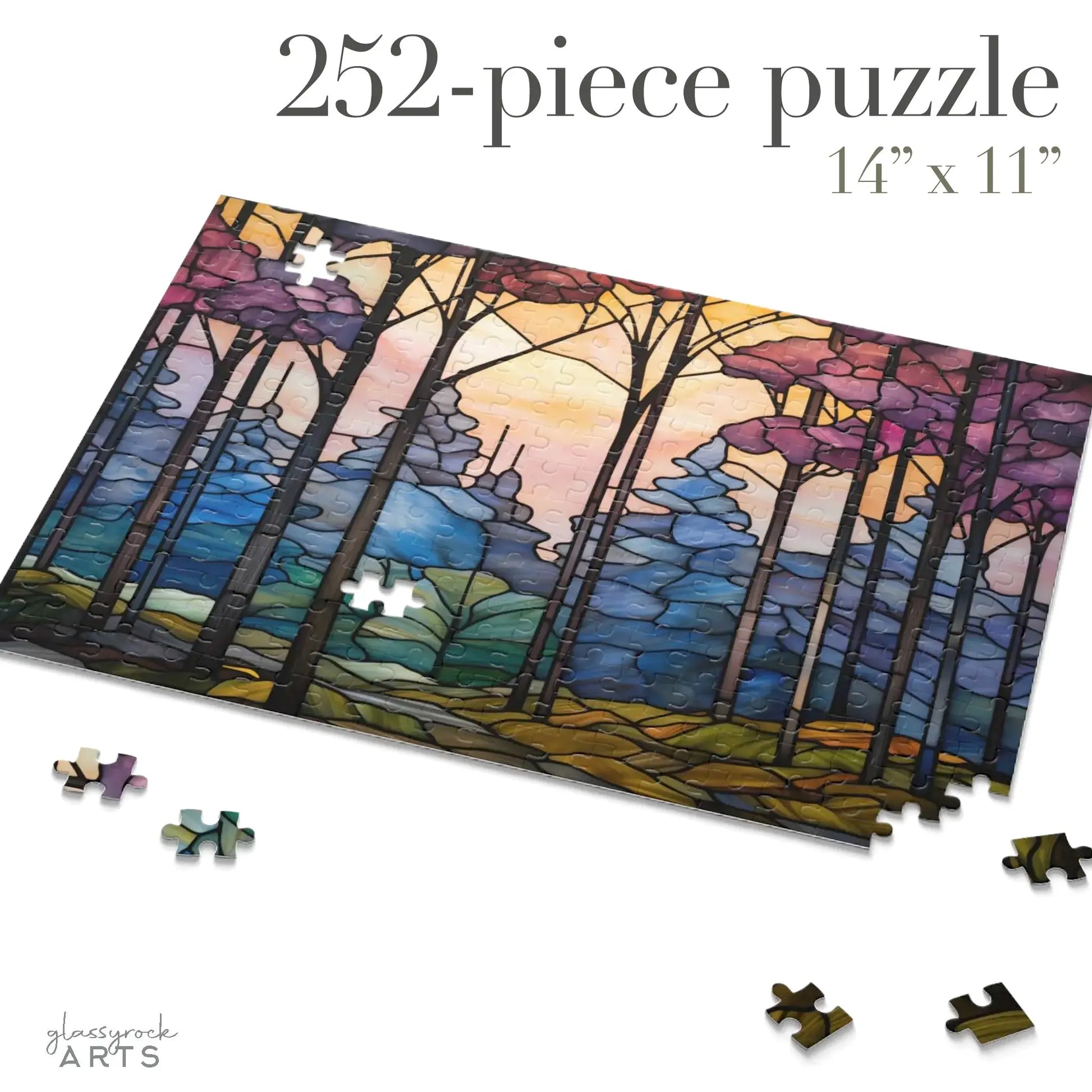 The Dark Woods Forest Jigsaw Puzzle is a 252-piece set displaying a vibrant stained-glass-like landscape of trees and hills, measuring 14 x 11. Pieces are scattered, offering an artistic challenge ideal for enthusiasts.
