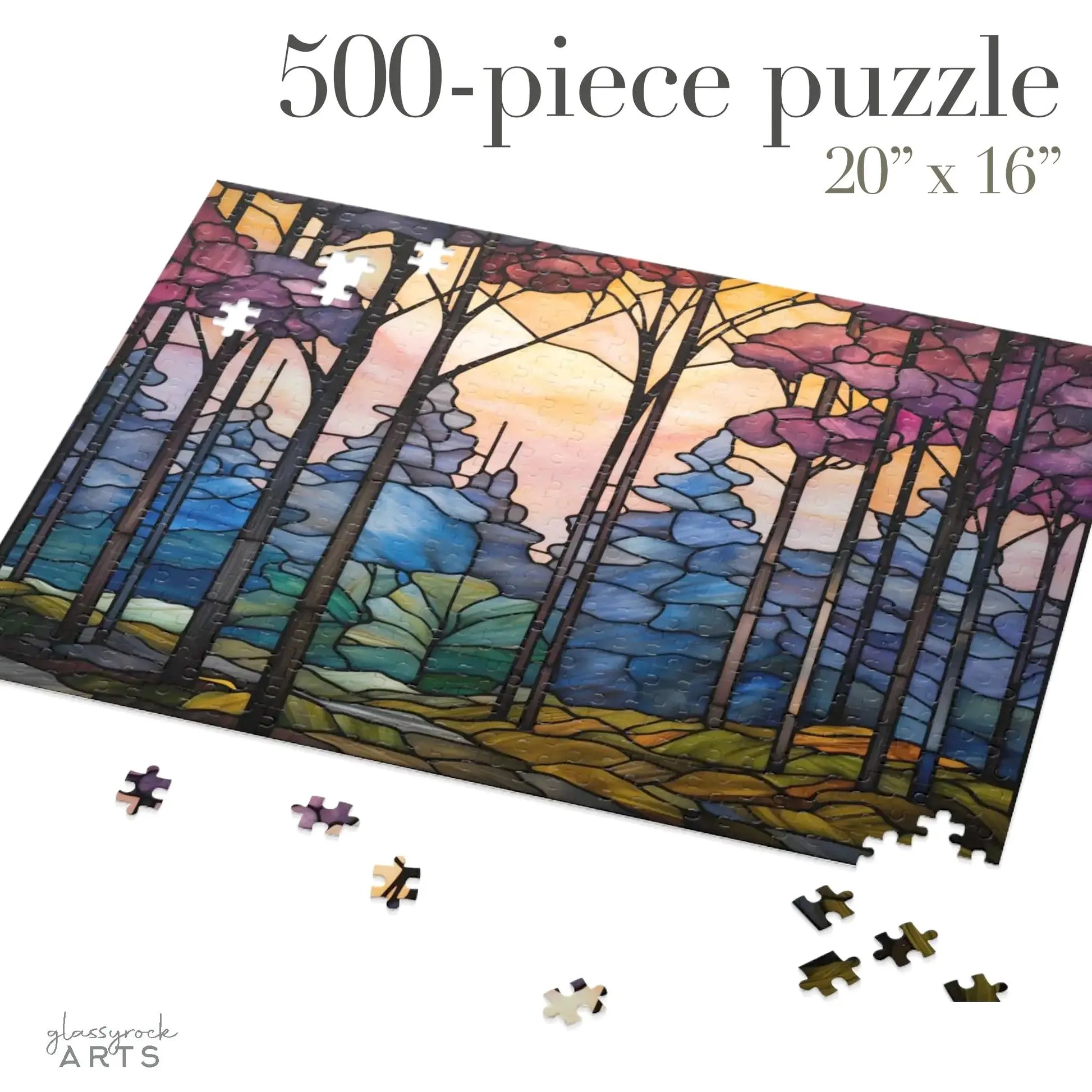The Dark Woods Forest Jigsaw Puzzle features 500 pieces forming a stained glass-style forest with tall trees against a sunset sky, inviting assembly. The text reads 500-piece puzzle, 20 x 16, making it an ideal art gift for enthusiasts.