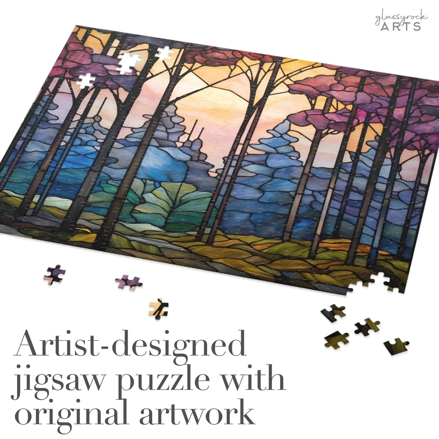 A partially completed jigsaw puzzle displays a vibrant landscape with trees against a colorful sky, featuring scattered pieces. Text reads, Dark Woods Forest Jigsaw Puzzle with original artwork—a perfect artistic gift.