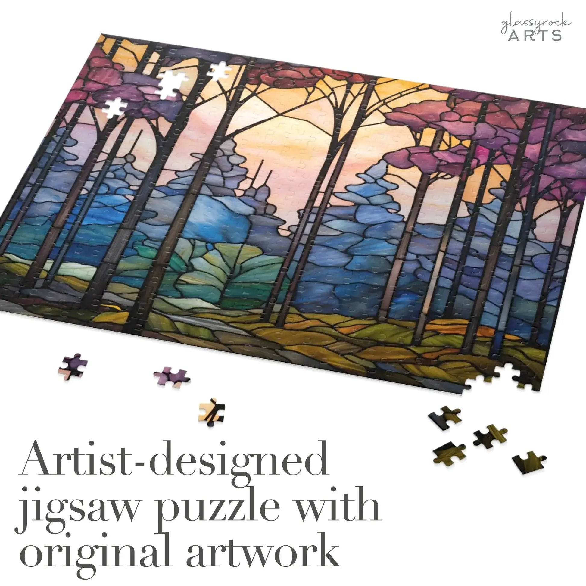 A partially completed jigsaw puzzle displays a vibrant landscape with trees against a colorful sky, featuring scattered pieces. Text reads, Dark Woods Forest Jigsaw Puzzle with original artwork—a perfect artistic gift.