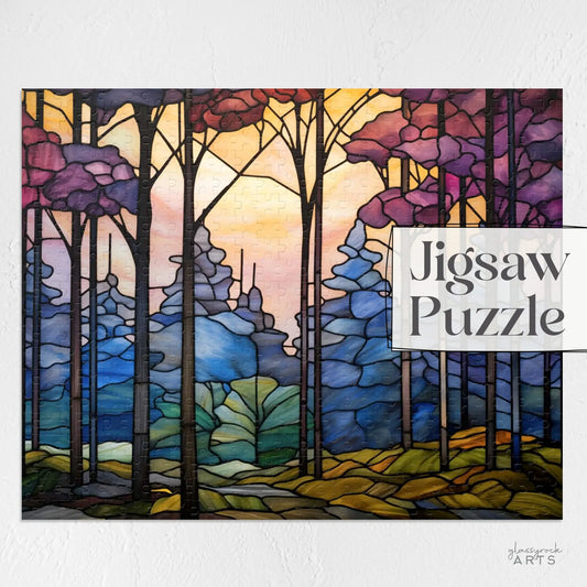 The Dark Woods Forest Jigsaw Puzzle showcases a stained glass-style forest scene with tall trees and colorful geometric leaves against a vibrant sky, featuring Jigsaw Puzzle text on the right side—ideal for art lovers.