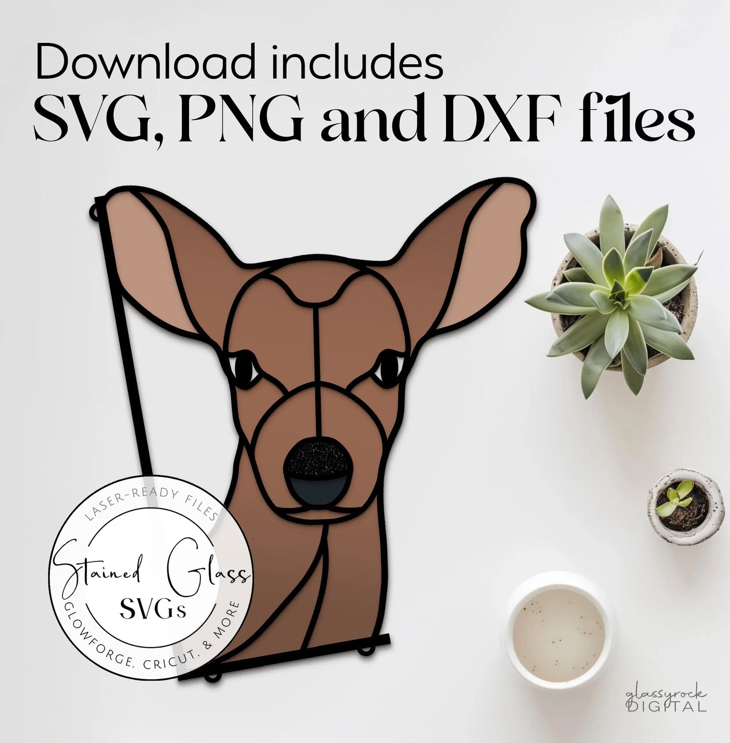 The Stained Glass Deer Buddy SVGs feature a geometric deer design alongside a potted succulent and cup. The download includes optimized SVG, PNG, and DXF files for laser cutting, ideal for crafting stained glass compatible SVGs.