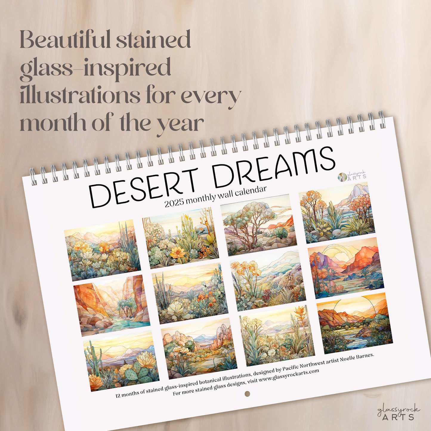 The 2025 Wall Calendar - Stained Glass Desert Landscapes, with spiral binding and a centered hole for hanging, features vivid desert illustrations.