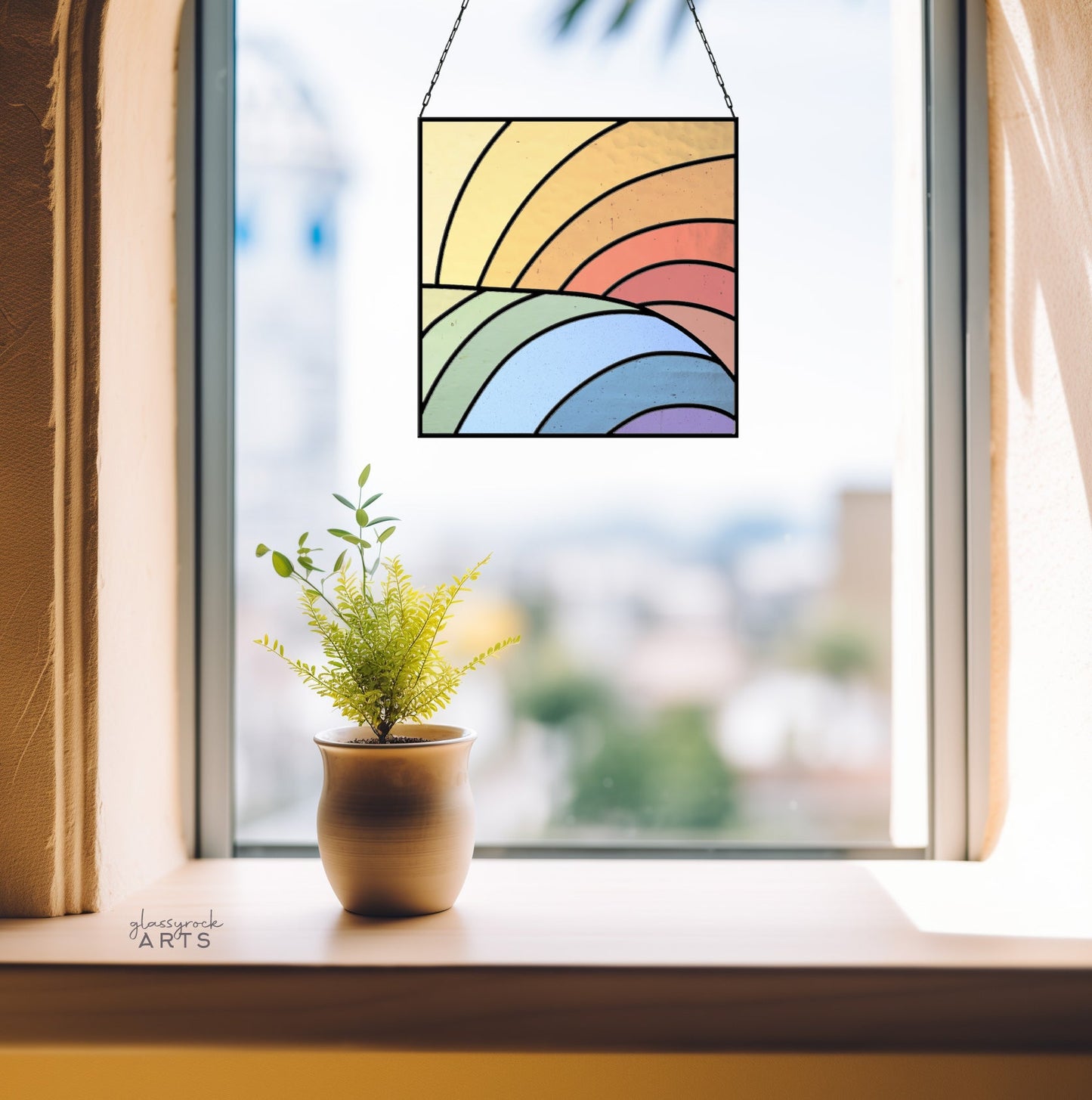Square Abstract Rainbow Stained Glass Pattern