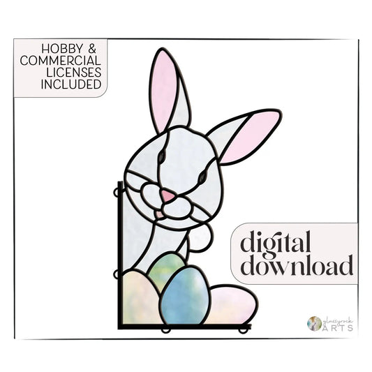 Easter Bunny Stained Glass Rabbit Pattern shows a stained glass-style illustration of an Easter bunny with pink ears holding colorful eggs. Text reads Hobby & Commercial Licenses Included and digital pattern download.