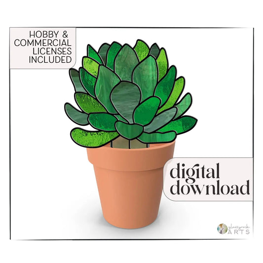 The Echeveria Succulent Plant Stem Stained Glass Pattern by GlassyRock Arts features a green succulent in a terracotta pot. Text on the white background states Hobby & Commercial Licenses Included and digital download, providing an ideal digital pattern for your creative endeavors.